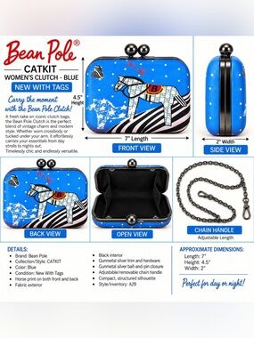 BEAN POLE CATKIT HORSE PRINT CLUTCH BAG - BLUE (NEW WITH TAGS) A29